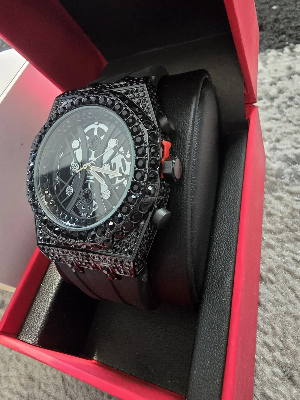 Men's Black Crystal Accent Skeleton Dial Watch